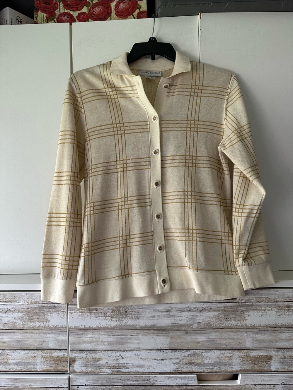 ✨ Cathy Daniels Cream Gold Metallic Plaid Cardigan Sweater Small